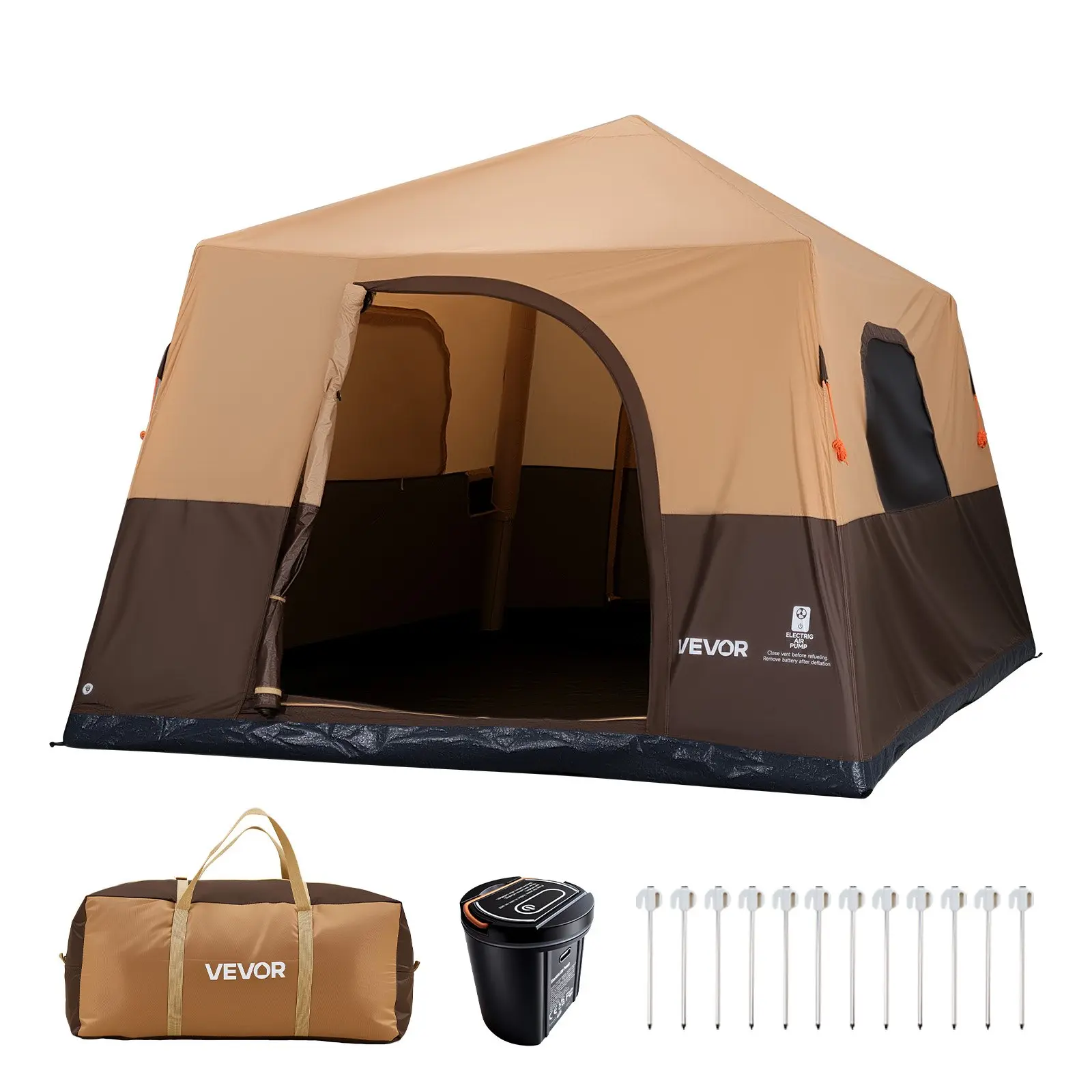 VEVOR Camping Tent, 8 Person Inflatable Cabin Tent with Rechargeable Pump, TPU Air Tube 4 Large Mesh Windows, Portable Easy Setup Waterproof with Carry Bag for Family Outdoor Camping Hiking, Beige