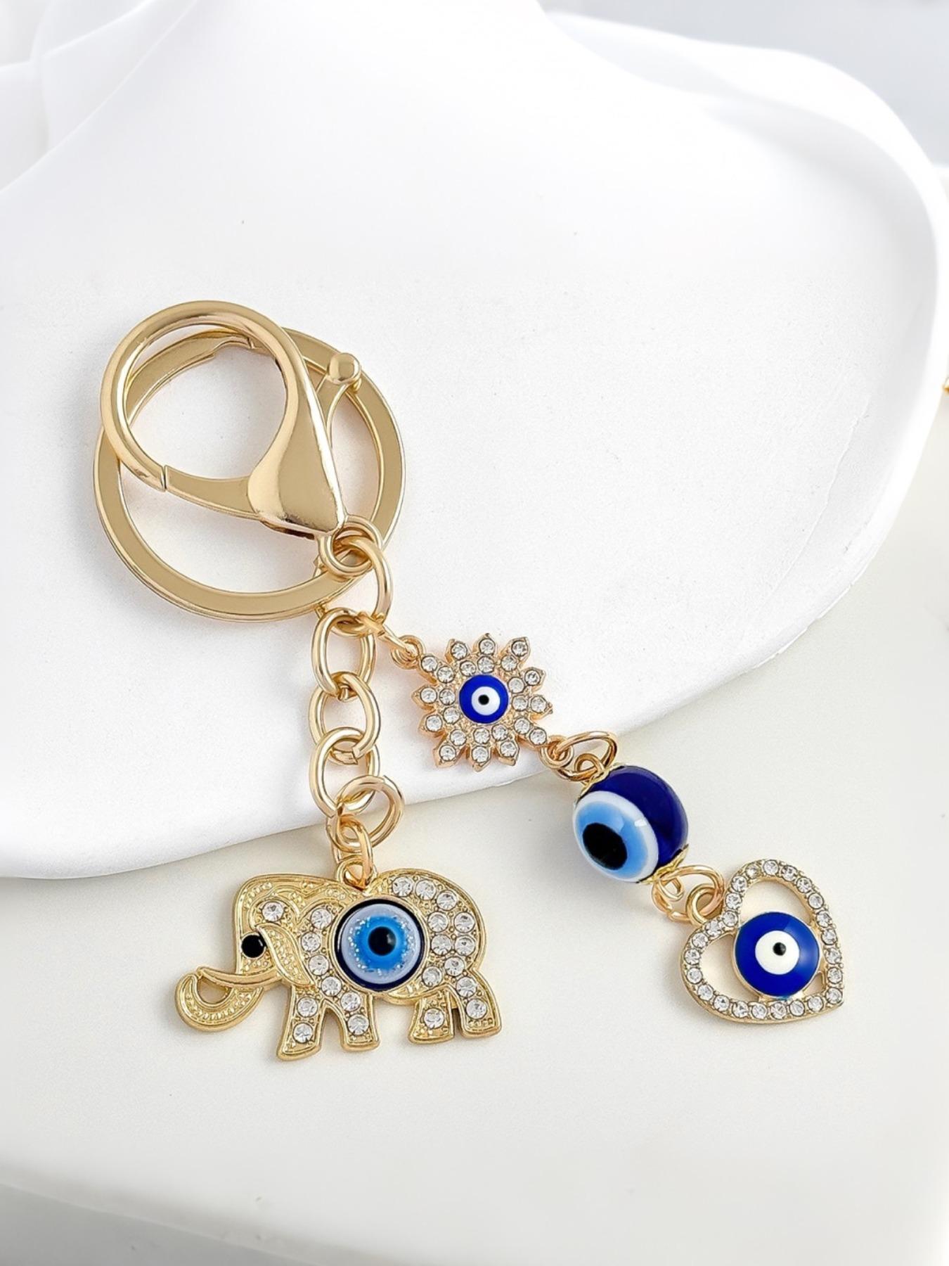 Trendy Rhinestone Elephant and Devil Eye Pendant Keychain, Butterfly Charm Accessory, Couple Key Ring, Casual All-Season Fashion