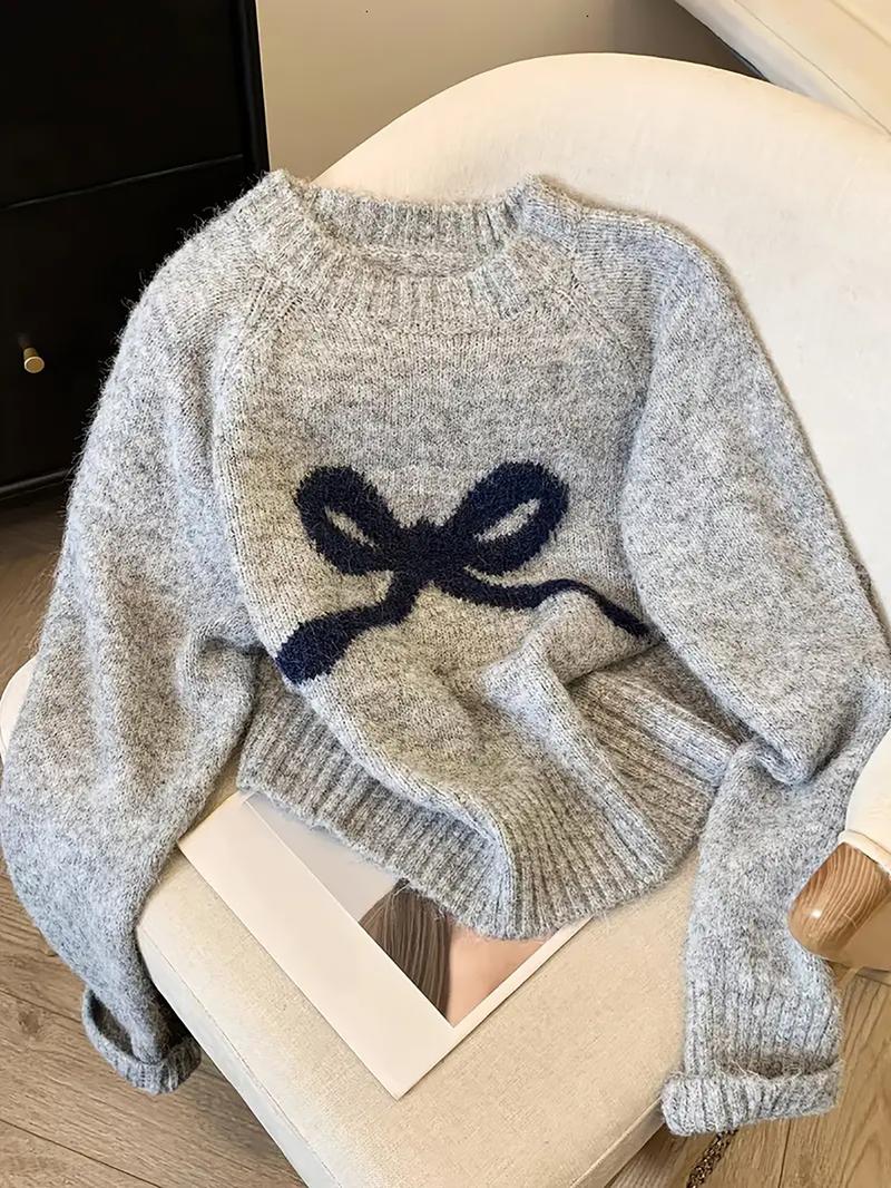 Women's Butterfly Knot Round Neck Sweater, Fall & Winter Thick Knit Top, Sweet Style Loose Fit, Elegant Cardigan for Valentine's Day