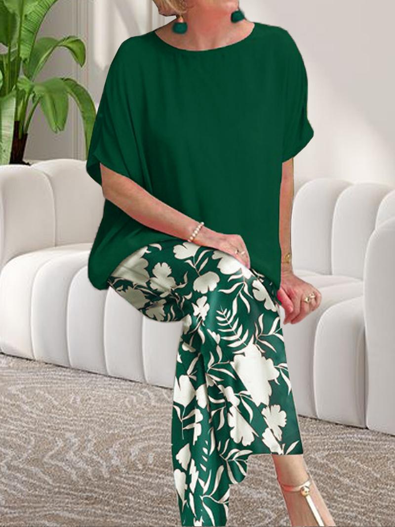 Women's Spring Summer Round Neck Loose Fit Top and Printed Long Pants Casual Set, Comfortable and Stylish for Daily Wear