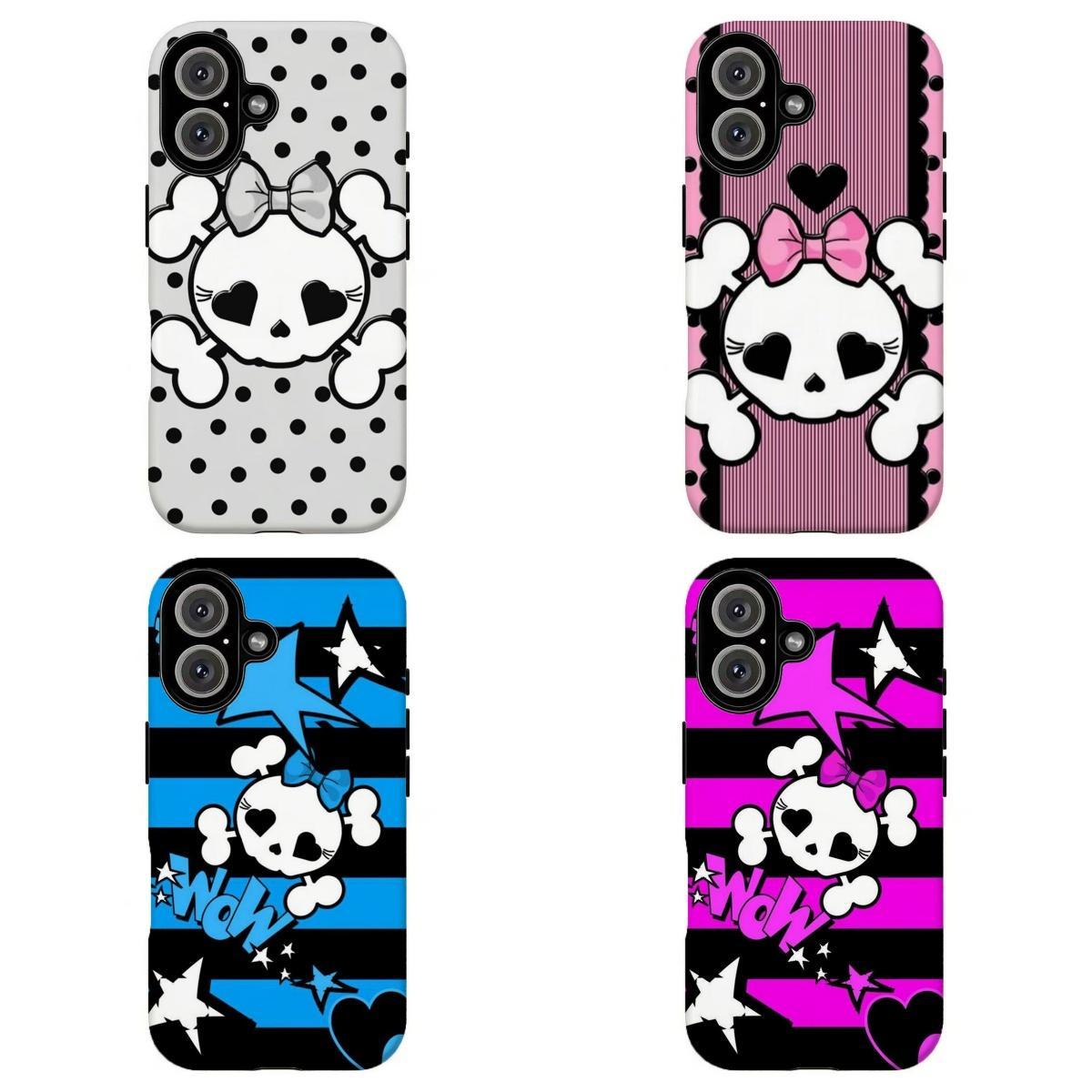 FL-Y2K Emo Kawaii Skull Bow Phone Case,Cute Crossbone Polka Dot Striped Protective Cover, Pink Blue Black Star Stripe Shockproof Cover For iPhone 11 12 13 14 15 16 17 Air Pro Max for Samsung S26 S25 S24 S23 S22 S21 Case,Gift for her/him