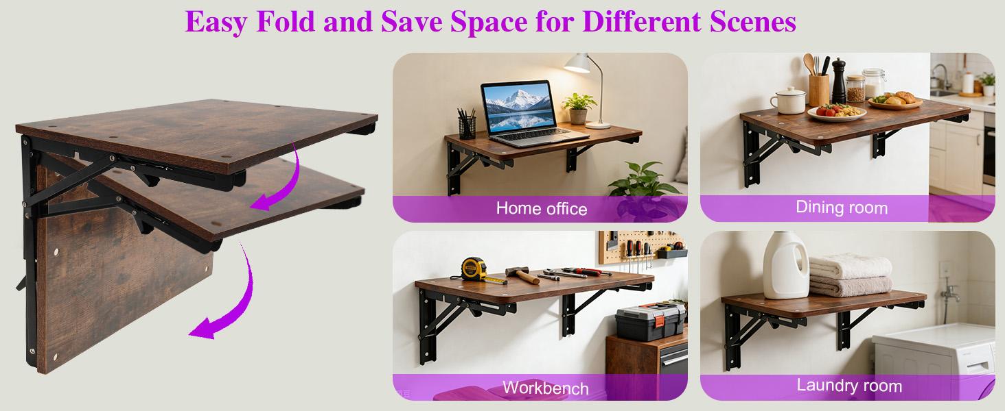 Wooden Folding Shelf Wall Mounted for Small Space, Wall Table for Living Room Bedroom Decor, Home Office Floating Fold Down Desk, Media Shelves with Heavy-Duty Brackets Holds Up to 30lbs, 21.6"*11.8"
