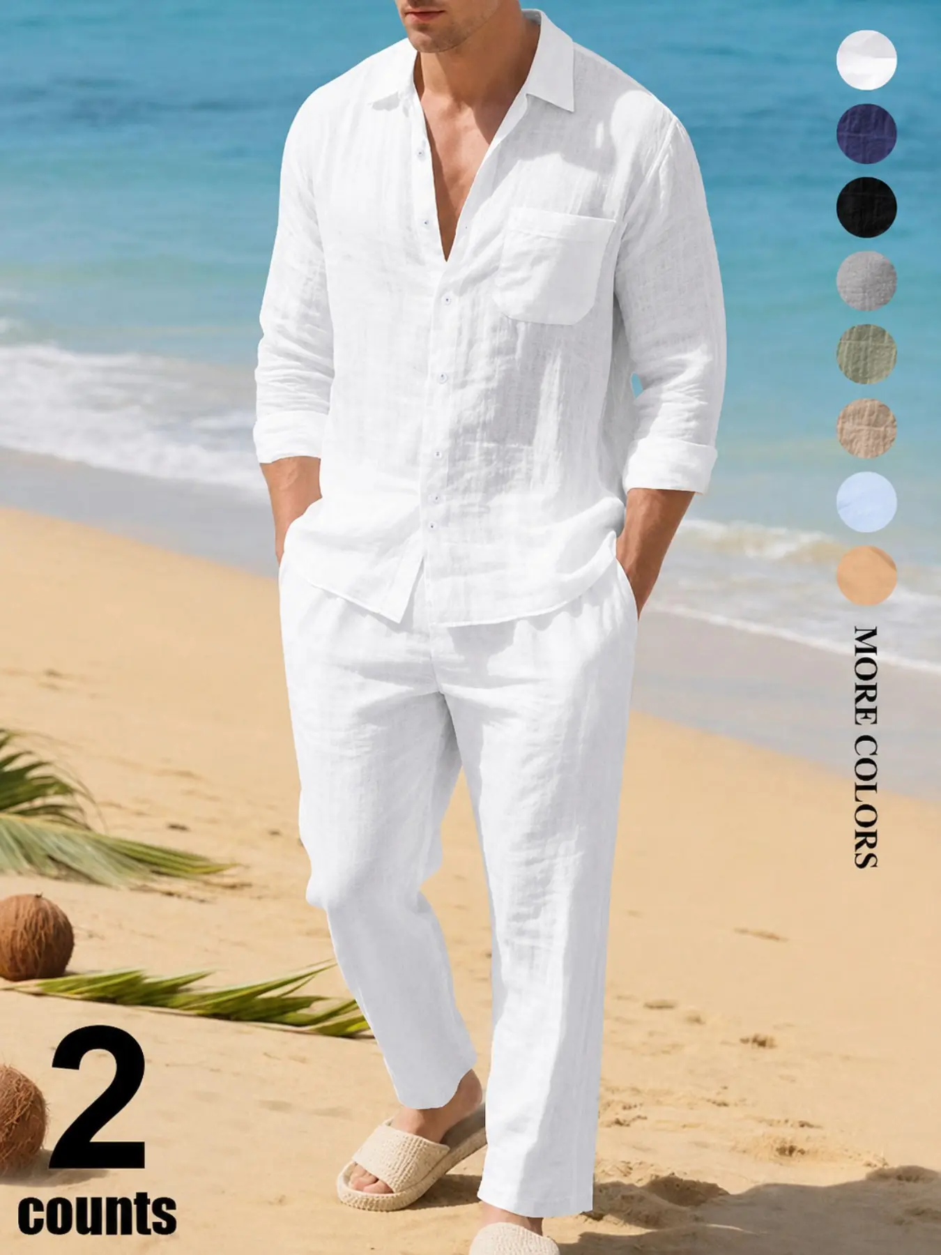 Men's Spring/Autumn Everyday Wear, Vacation, Beach, Relaxed Fit, Solid Color Linen Long-Sleeve Suit, Suitable for Home, Work, Outdoor, Urban, Regular, Trendy, Street Style, Casual, Youthful, Simple, Campus, Versatile, High-Quality, Stylish, Individualisti