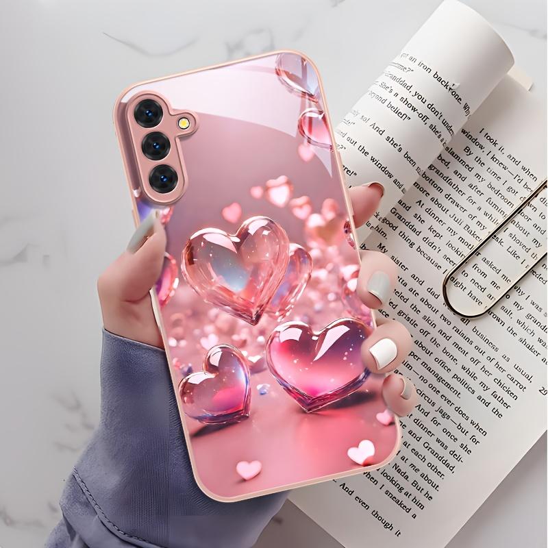 Women's Multi-Model Tempered Glass Phone Case - Fashionable, Versatile, Durable Pink Heart-Shaped Cover Compatible with Samsung Galaxy A14 A15 A16 A23 A25 A26 A32 A54 NOTE20 S20 S21 S22 S23 S24 S25 FE Plus Ultra