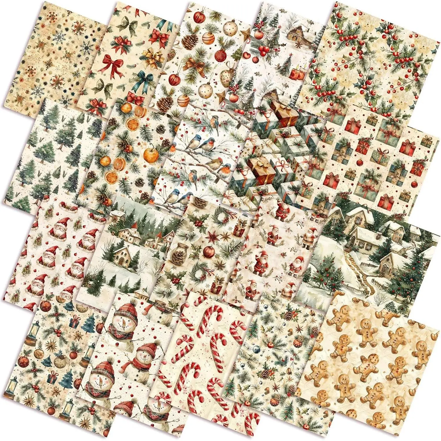60 Pcs 10 x 10 Inch Vintage Christmas Quilting Fabric Christmas Fat Squares Patchwork Precut Gingerbread Man Santa Snowman Fabric Bundles for Xmas Winter Quilting Crafting DIY Craft Sewing