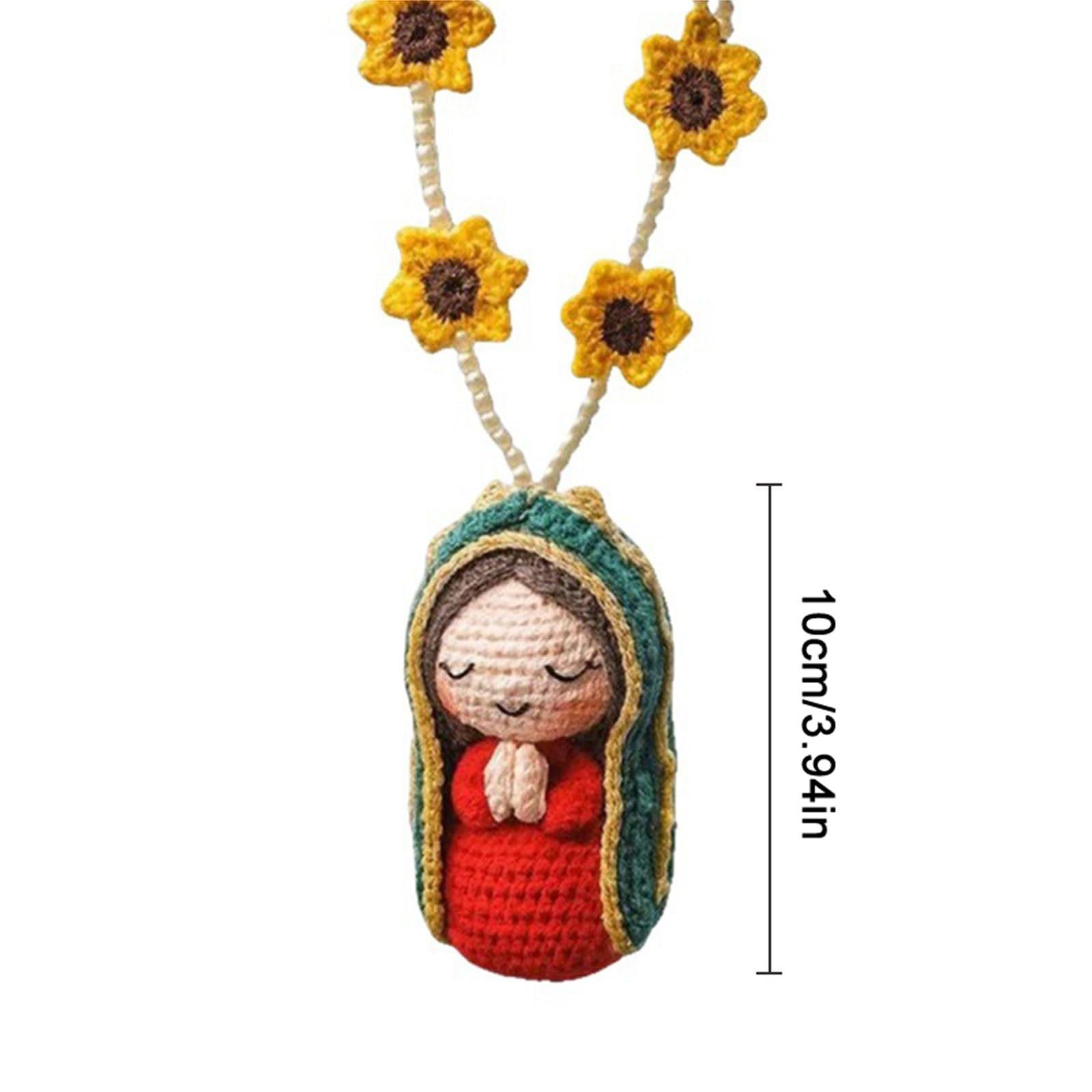 Maria Doll Sunflower Yarn Handmade Knitted Portrait Rearview Mirror Puppet Hanging Hook Gift, Unique Crafted Decoration Item