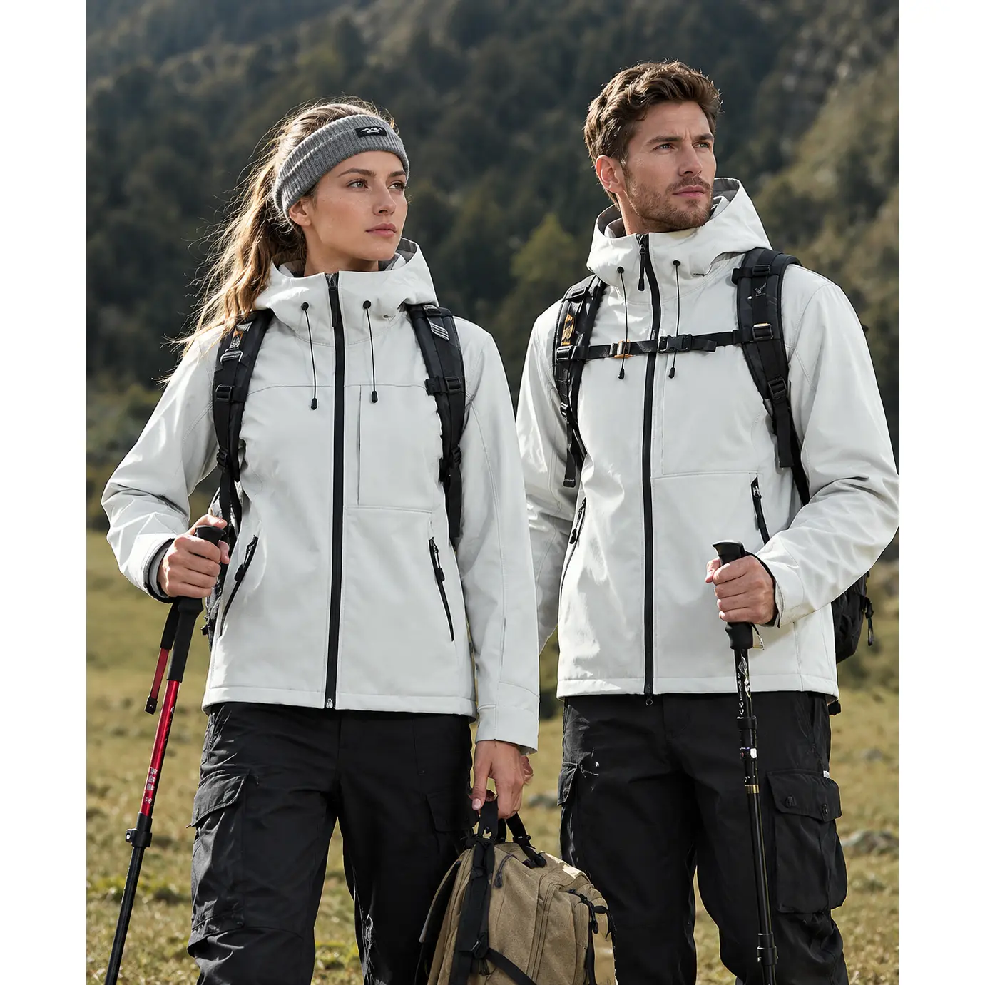 Unisex Polyester Outdoor Hiking Jacket - Full-Zip, Multi-Pocket, Windproof Hooded Sports Outerwear for Mountain Hiking, Camping