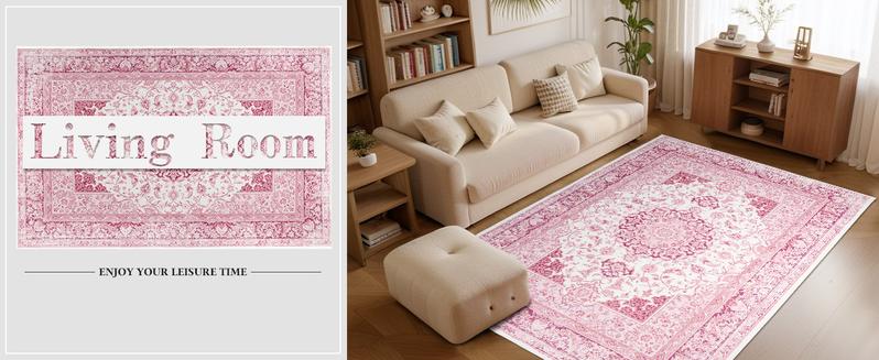 Non-Slip Washable Faux Wool Vintage Boho Rug, Retro Distressed Medallion Carpet 5x7 6x9 ft, Red/Blue Low Pile Soft Mat for Entryway Kitchen Traditional Interiors