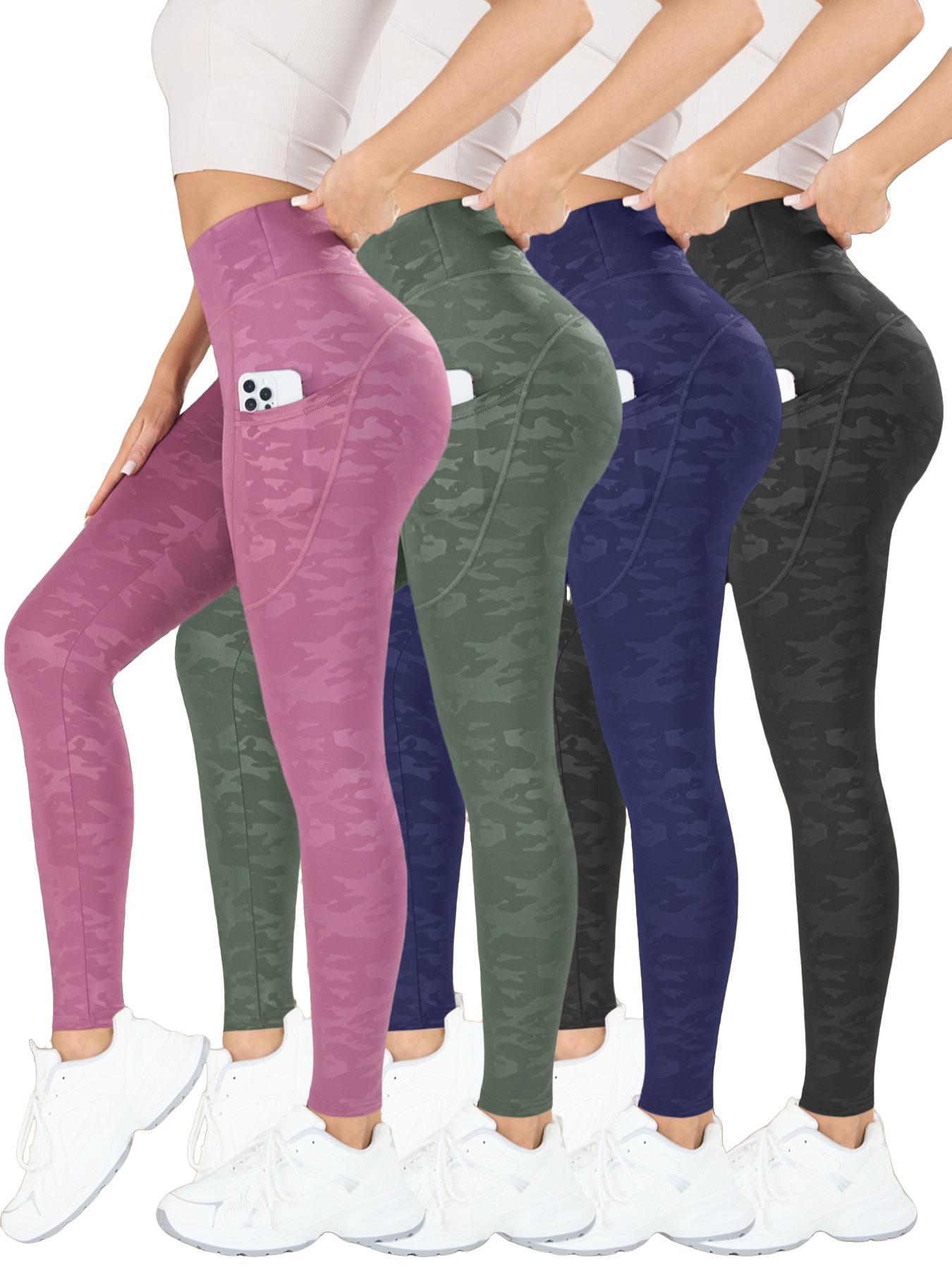4PCS Women's Camo Print High Waist Sports Leggings, Breathable Comfortable Skinny Pants with Pockets, Ladies Sportswear for Indoor Outdoor Wear, Side Pocket Leggings