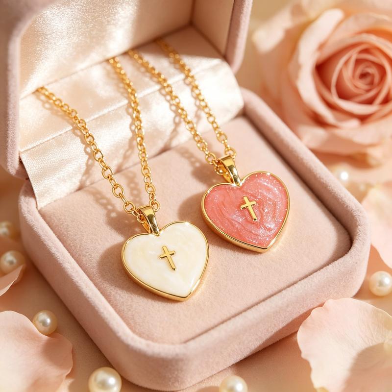 Dainty Layering Chain Cocktail Necklace, Heart‑Shaped Cross Accent Pendant Necklace, Aesthetic Fashion Necklace for Ladies Special Occasion
