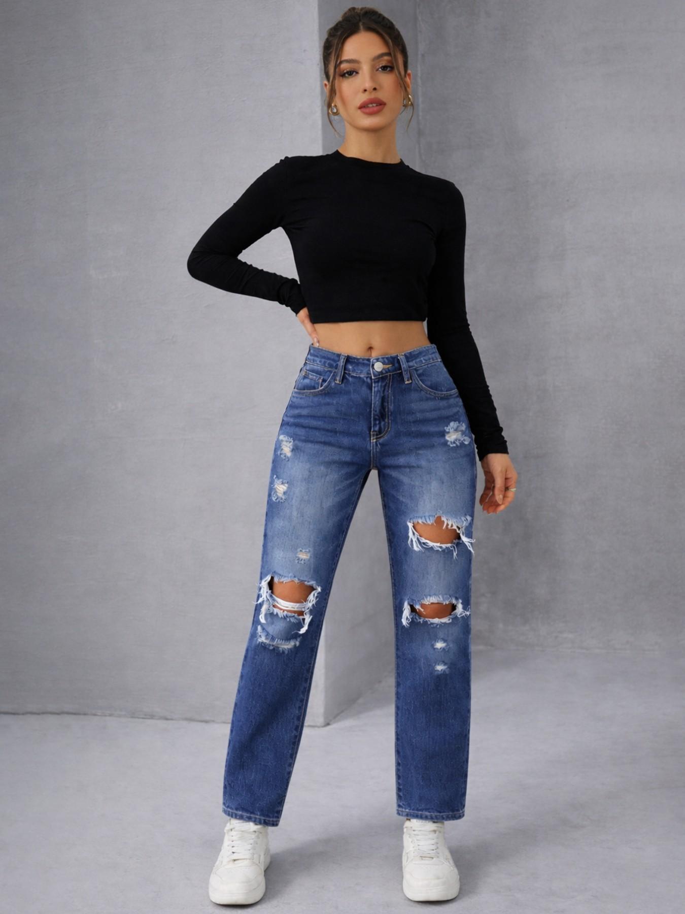 Women's High-Waisted Denim Jeans, Spring & Fall Casual Fitted Straight-Leg Pants, Blue Washed Street Style Distressed Design