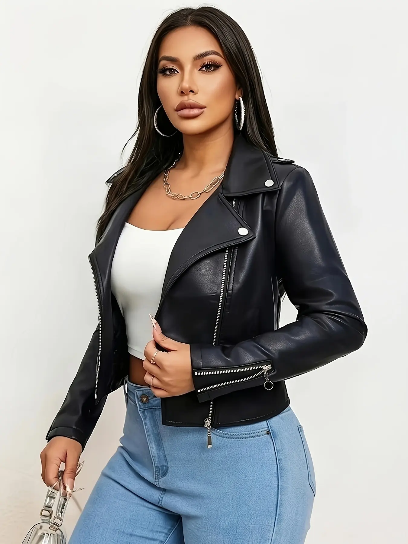 Women's PU Leather Motorcycle Jacket, Short Riding Zipper Coat, Casual Street Style Outerwear, Fashionable Biker Top with long Sleeves