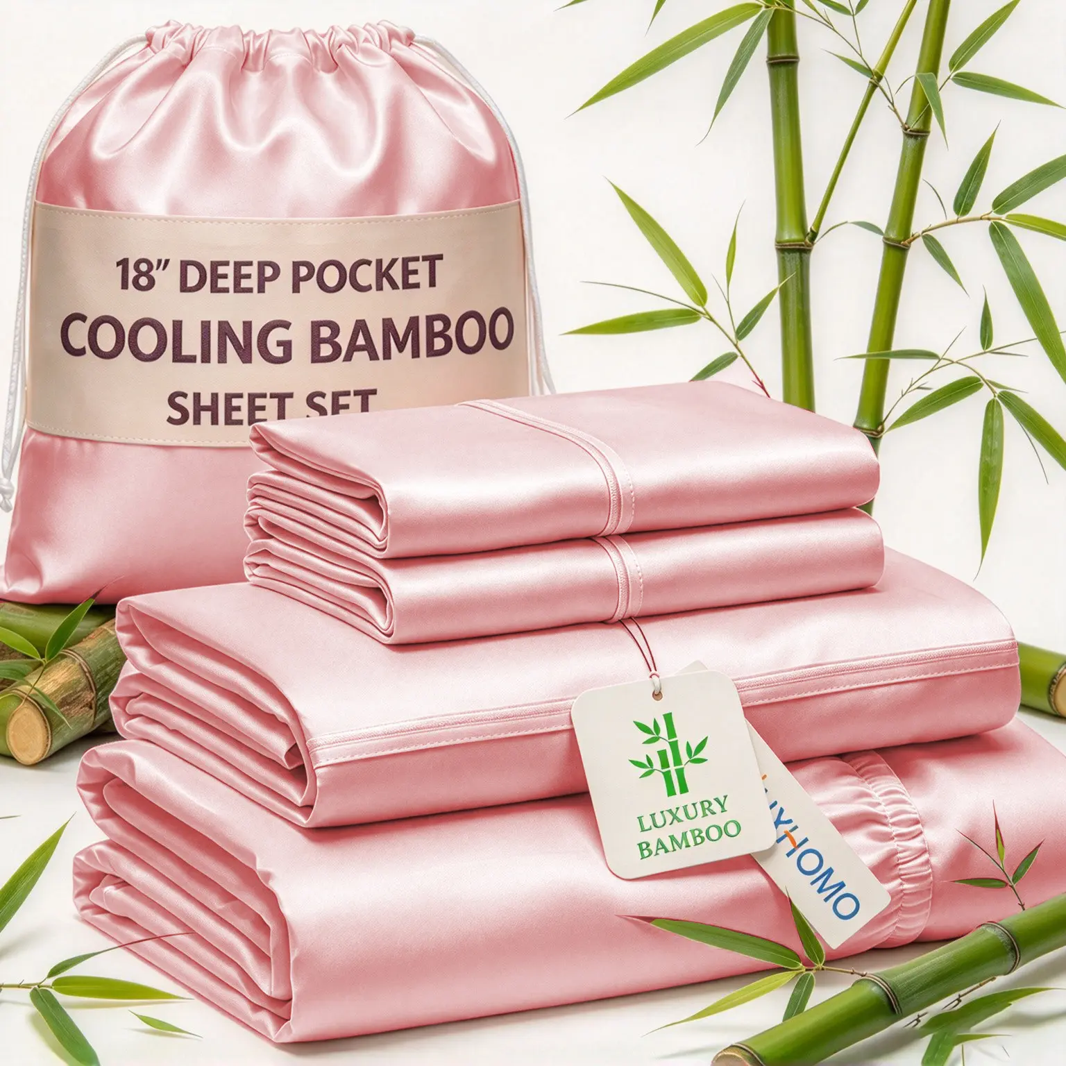 Sasttie Bamboo Sheets Set - Viscose Material - 16" Deep Pocket with Corner Straps - Durable & All-Season Breathable - Hotel Luxury