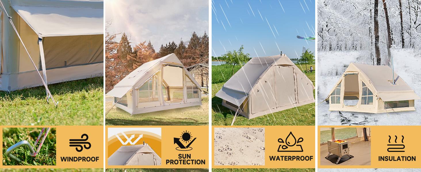 Lilypelle Inflatable Tents for Camping, Blow Up Tent with Hand Pump, Easy Setup Inflatable Hot Tent with Stove Jack, Waterproof Oxford Air Glamping Tents for Camping Adult 4-6 Person