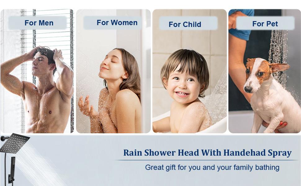 6/8"High Pressure Square RainShower Head and 2-in-1 HandShower.Equipped with 78"Hose, 3Way Diverter Valve,Adhesive ShowerHead Holder