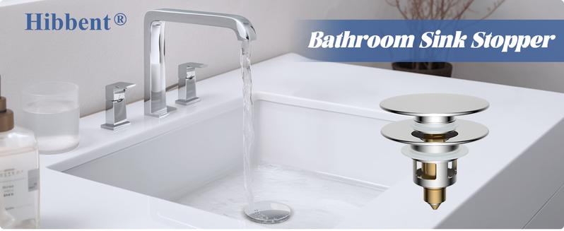 Hibbent All Metal 2 in 1 Bathroom Sink Stopper, Universal Pop Up Drain Strainer, Brass Bullet Core Push Type Stopper for 1''~2.3'' Basin, Big Push Button, Anti Clogging Drain Filter