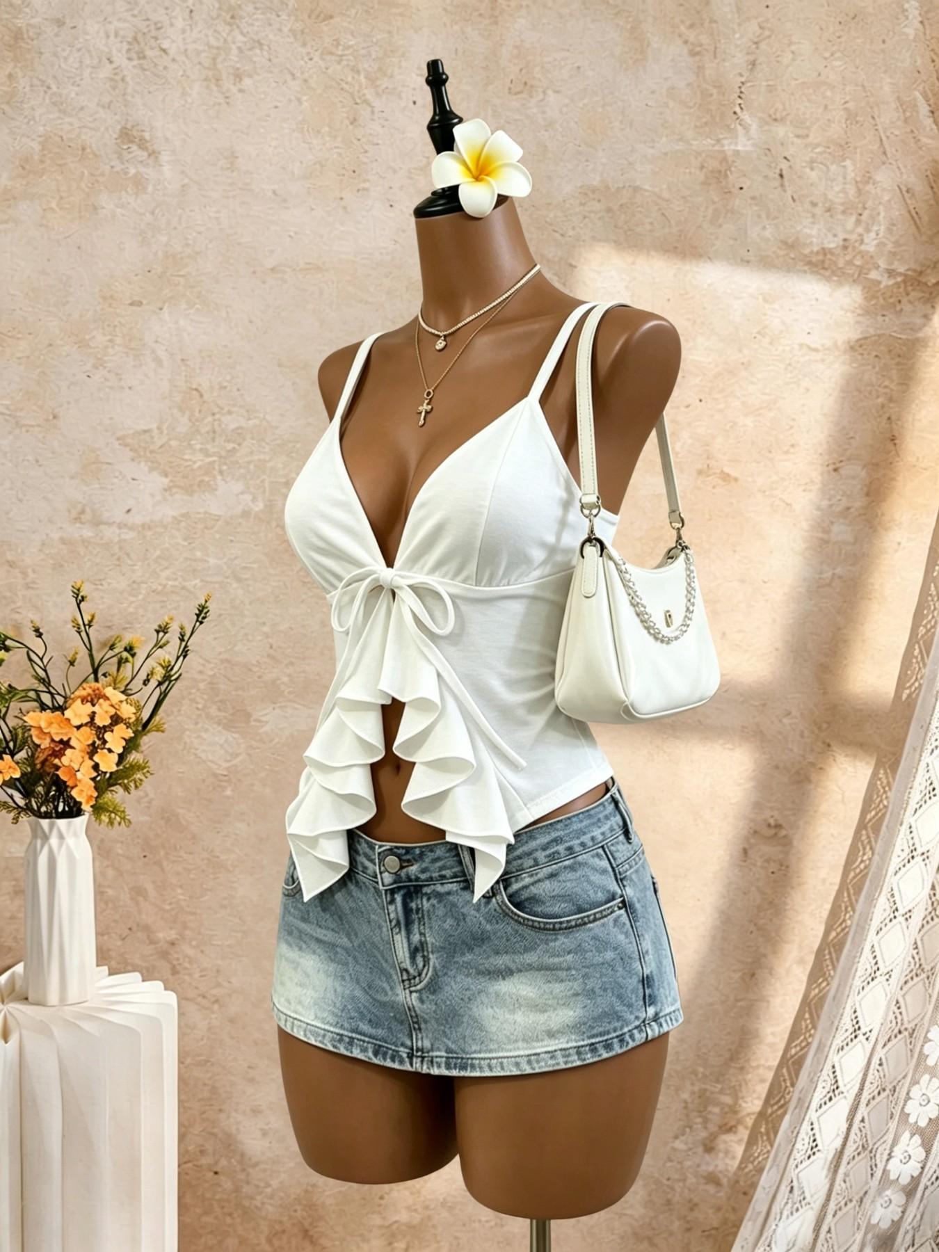Deep V Strapless Top with Ruffle Hem, Slim-Fit Short Sleeve Design, Accentuates Waistline, Perfect for Summer Wear, Crop Tops