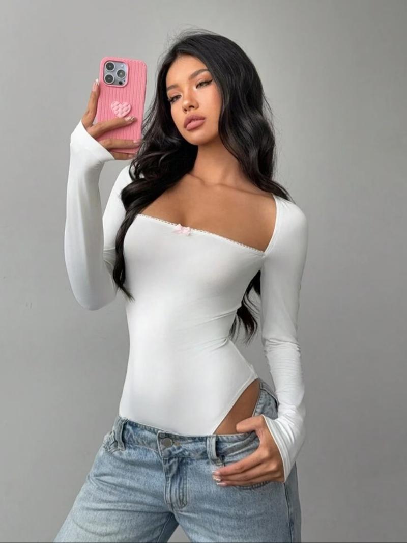 Women's Plain Bow Decor Square Neck Bodysuit, Elegant Fashion Casual Long Sleeve Bodysuit for Daily Outdoor Wear, Women Clothing for Summer