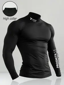 Men's Slim-Fit Half High Neck Sweat-Wicking Compression Shirt, Outdoor Tactical Base Layer, Pro Stealth Logo, Casual Sportswear