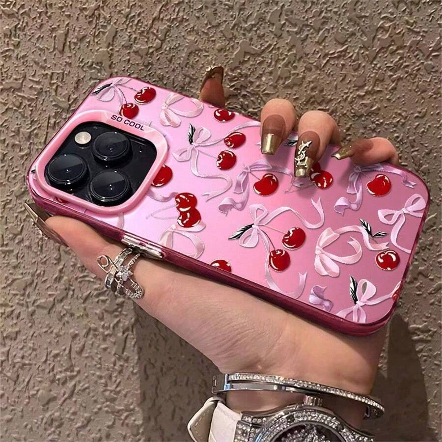 1pc Full Screen Pink Bow Red Cherry Compatible For Phone17/16/15/14/13/12/11/8/ 7ProMax/Pro/Plus/Xs Max/XS/X,For Compatible With Colored Simple  Fall Prevention Anti-Shock, Anti-Slip, Anti Drop, Camera Lens Protection, Silicone Anti Wear Phone Case ﻿