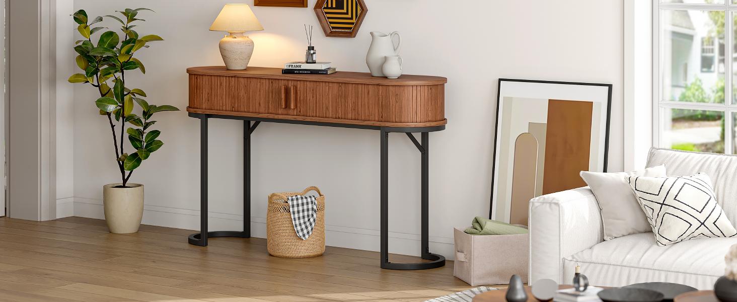 【SPOTLIGHT DAY】ONBRILL 55.1" Fluted Console Table With Tambour Doors And Metal Base For Hallway, Living Room