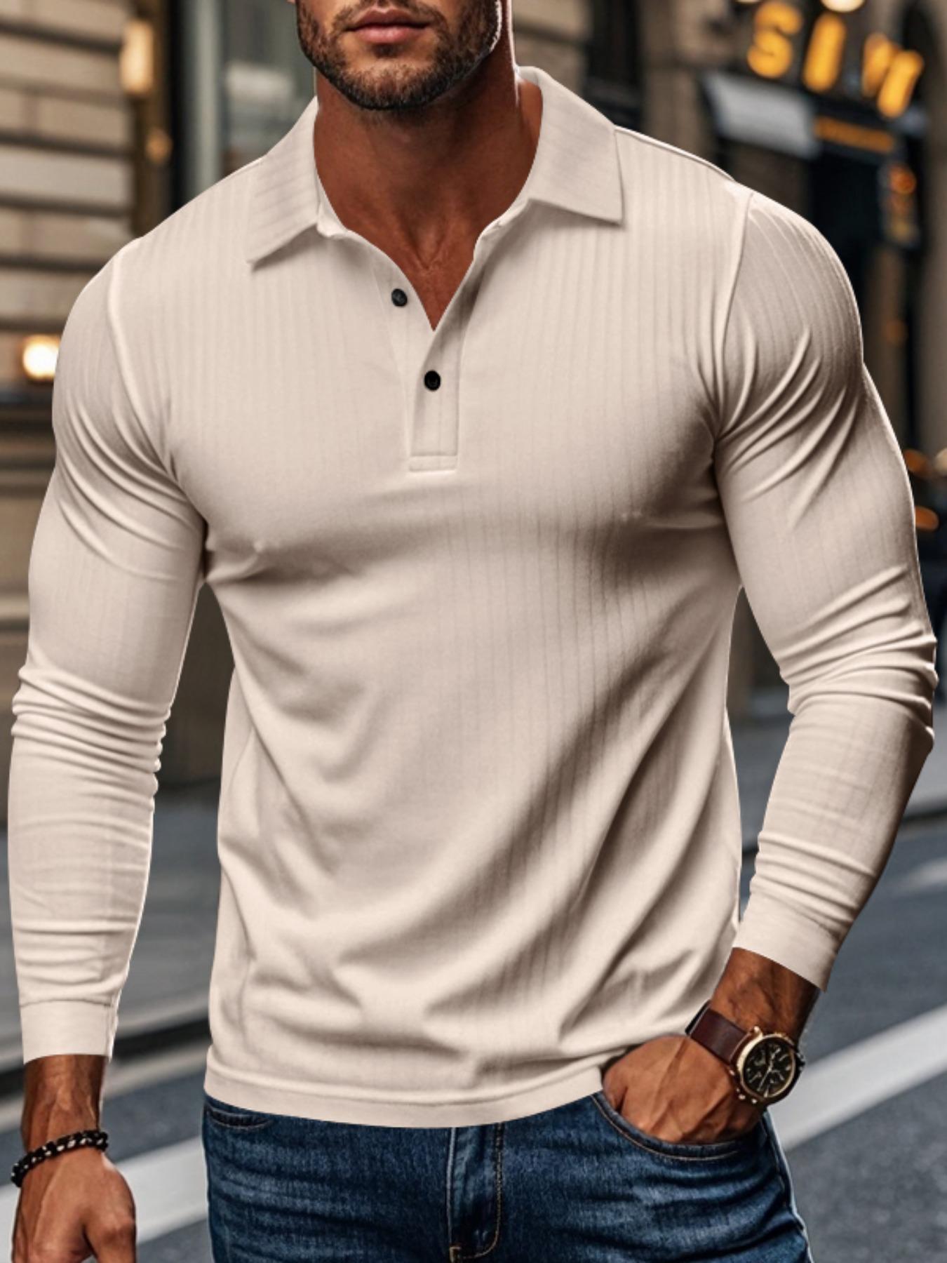 Men's Ribbed Texture Long Sleeve Polo Shirt, Comfortable Fit for Daily Wear, Stylish Design Suitable for Work & Leisure