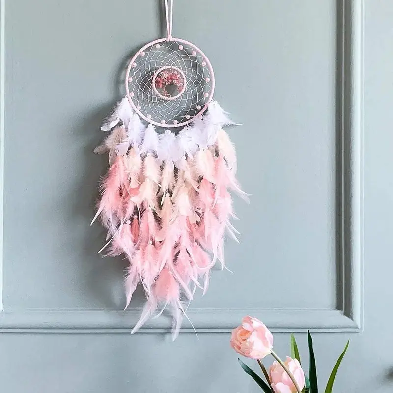 Pink Dream Catcher Tree of Life Hanging Wall Decor, Natural Healing Pink Crystal, Handmade Room Accessories for Girls' Bedroom Art Craft Gift