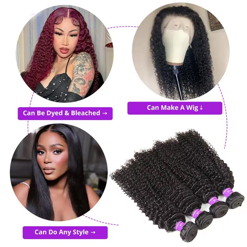 Kinky Curly Hair Bundles With Closure Virgin Human Hair Weave Bundles 10-28 Inches Natural Color Remy Hair Weave Extensions 100g/pc