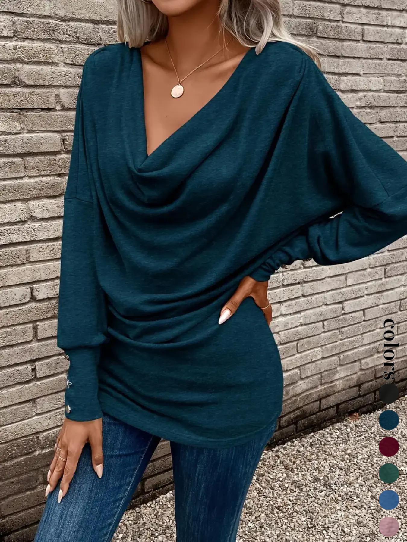 Women's Casual Ruched Long Sleeve T-Shirt, New European-Style Top in Comfortable Stretch Fabric, Perfect for Fall & Winter