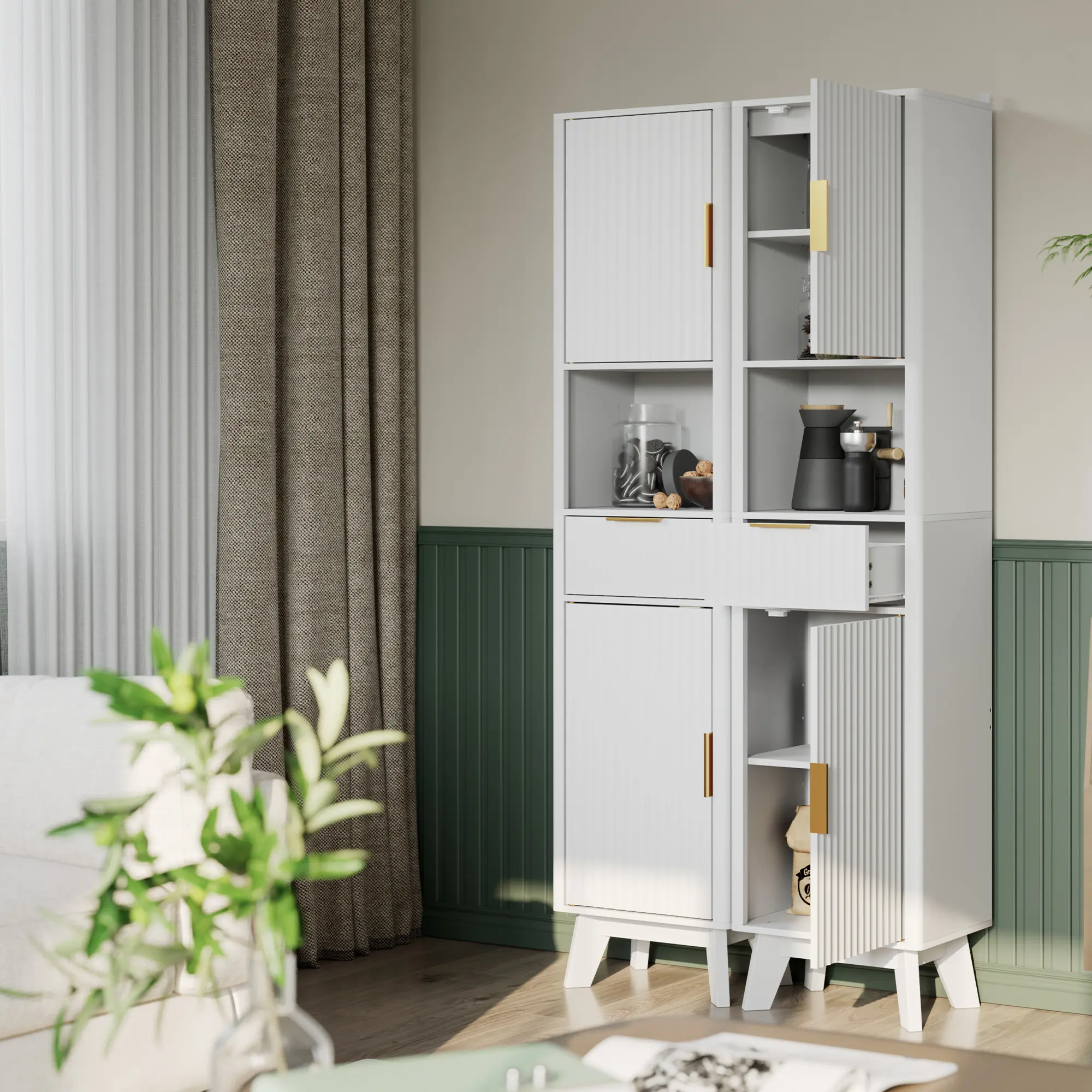67 Inch Slim Tall Storage Cabinet, Freestanding Narrow Organizer with Fluted Doors, Drawer and Adjustable Shelves, Space-Saving Furniture for Bathroom, Kitchen & Living Room, Walnut Finish