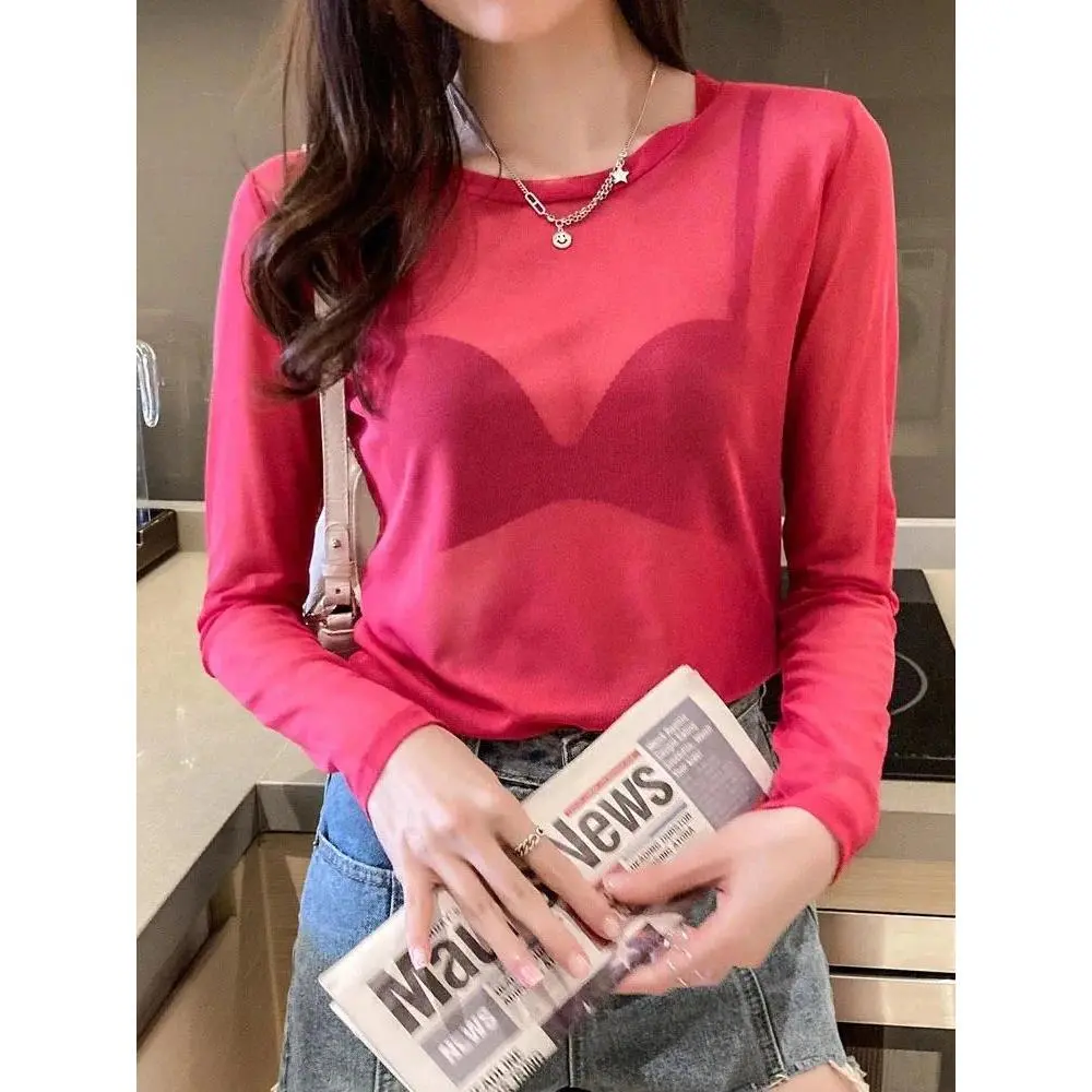 Summer Korean Fashion Mesh T-shirts Women Vintage Transparent Tops for Women Loose White Transparent Office Lady Shirts