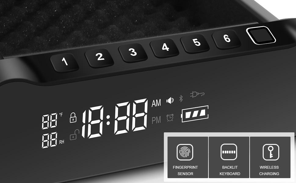 FTOP Biometric Fingerprint Gun Safe, Clock Handgun Safe with 3-in-1 Watch & Phone Wireless Charging, Drawer Lock, suitable for desktop storage of hand guns, Cash, Valuables- with Humidity Reader|Temperature| Alarm Clock| Screen