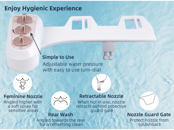 Hibbent Bidet Attachment for Toilet with Self Cleaning Dual Nozzle, Hot and Cold Water Spray Non-Electric Mechanical Toilet Seat Bidet for Rear or Female Washing Sanitizing, Rose Gold
