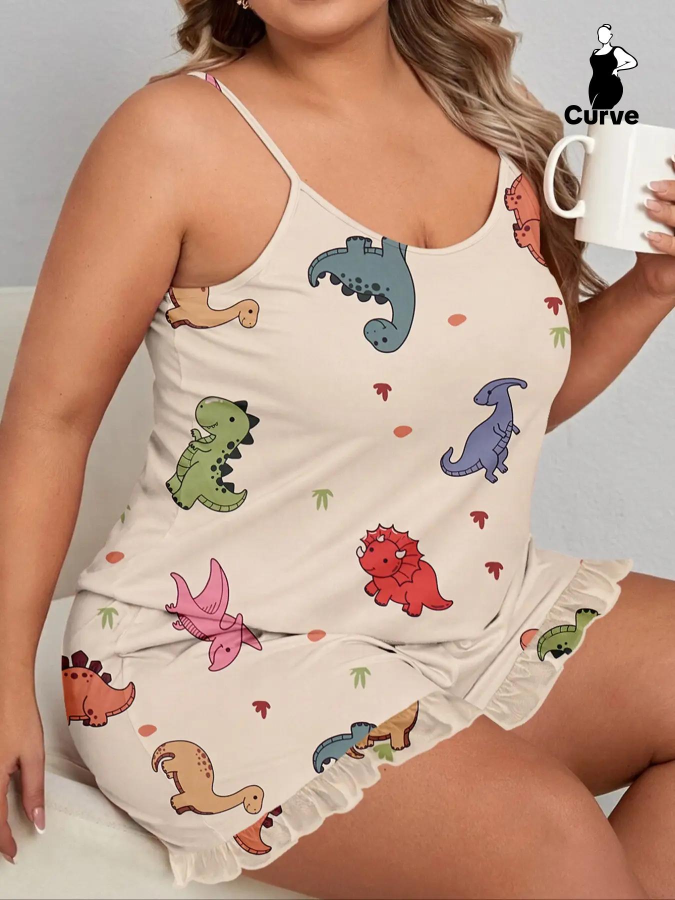 Plus Size Dinosaur Print Elastic Waist Pyjama Set, Casual Cami Top & Ruffle Hem Shorts Set, Summer Outfits 2024, Summer Clothes, Women's Summer Sleepwear