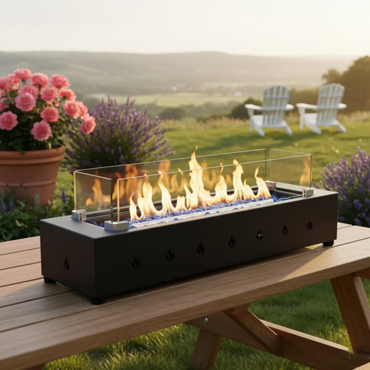 28-Inch Rectangle Fire Pit, 40000BTU Outdoor Propane Fire Pit, Wind-Resistant Firepits, Durable Steel Stylish Glass Beads Design