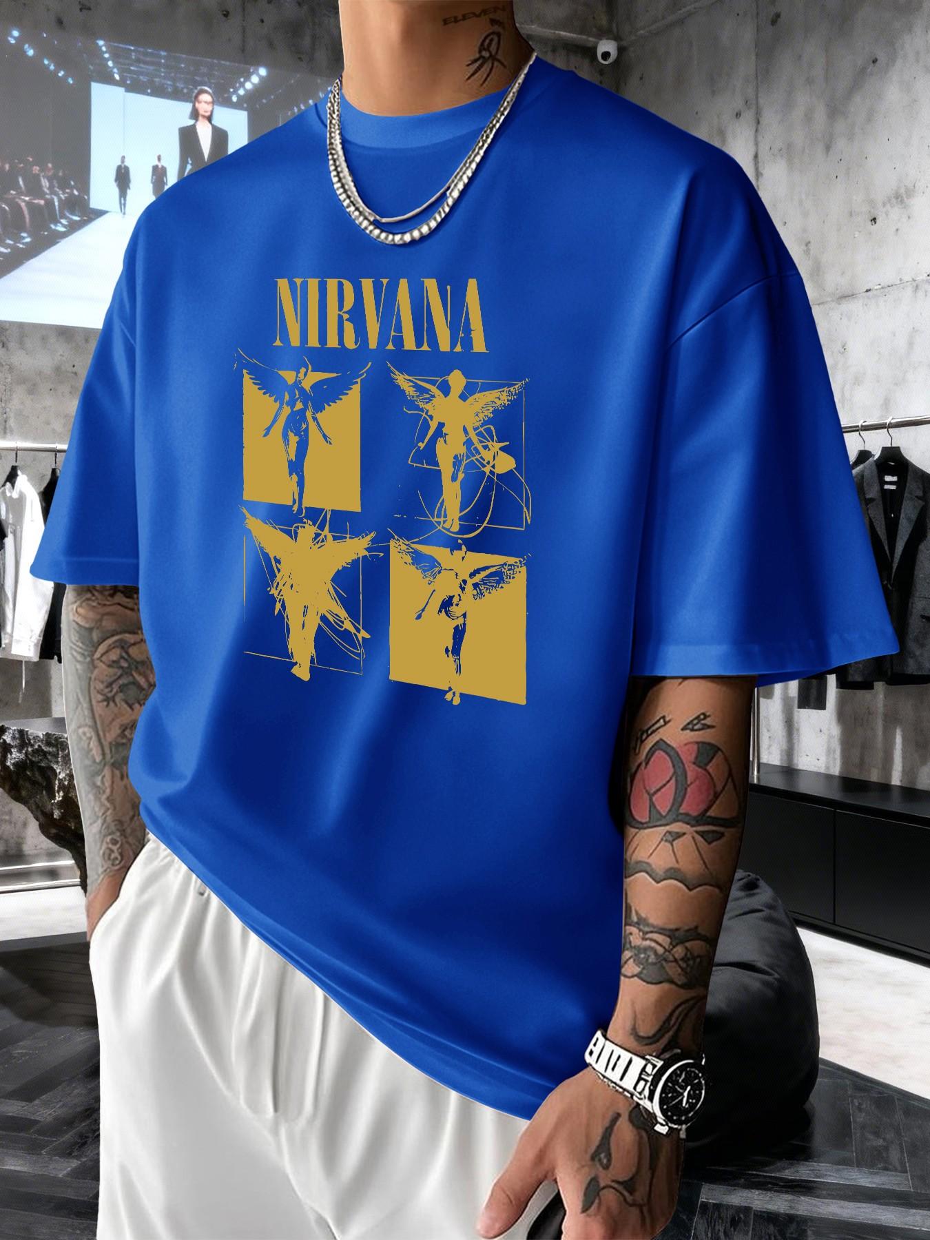 Nirvana Retro Rock Print Men's Fashion T-Shirt, Casual Graphic Short Sleeve Top, Comfortable Round Neck Tee for Spring Summer
