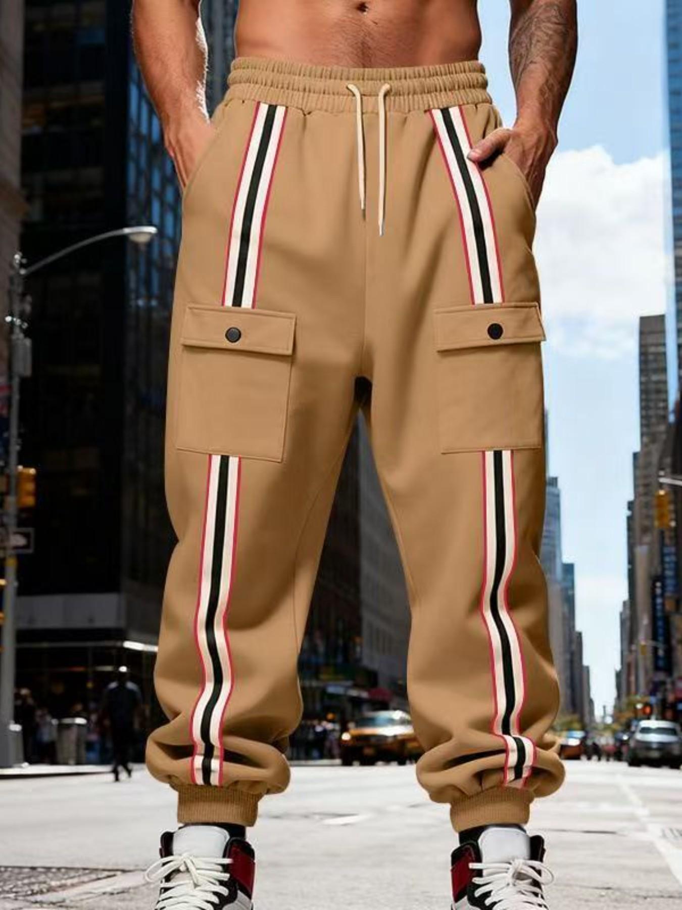Men's Striped Cargo Jogger Pants, Casual Drawstring Waist Sweatpants, Flap Pockets, Streetwear Track Pants for Men, Comfortable and Stylish