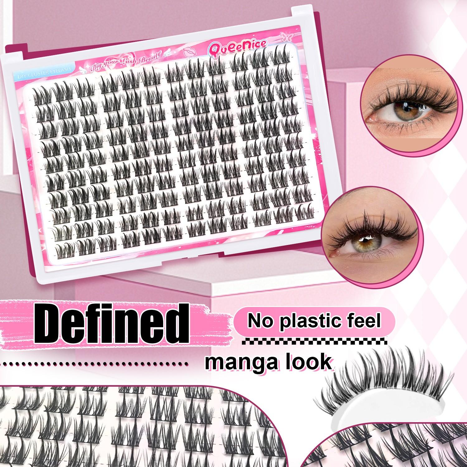 Manga Cartoon Lash Extension Kit, Self-Adhesive Individual Cluster Lashes, Natural Pointed Wet Look Eyelashes with Glue & Tweezers, Beginner Friendly DIY Lash Set for Home Makeup