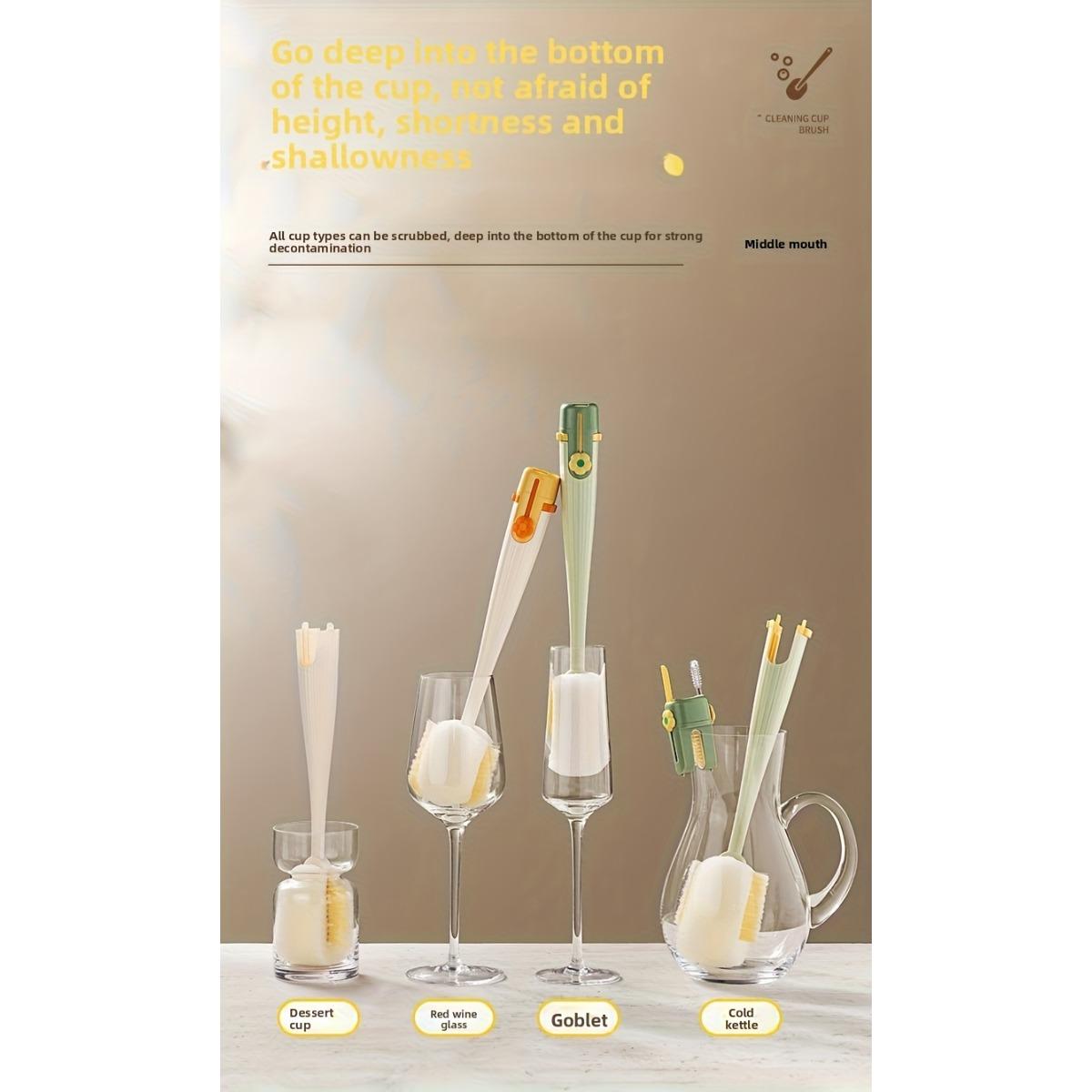Long-handled Cup Brush Set - Multi-functional Cleaning Tool, Safe Sponge and Stiff Bristle Heads for Bottles/Lids, Detachable Deep Cleaning Dish Scrubber