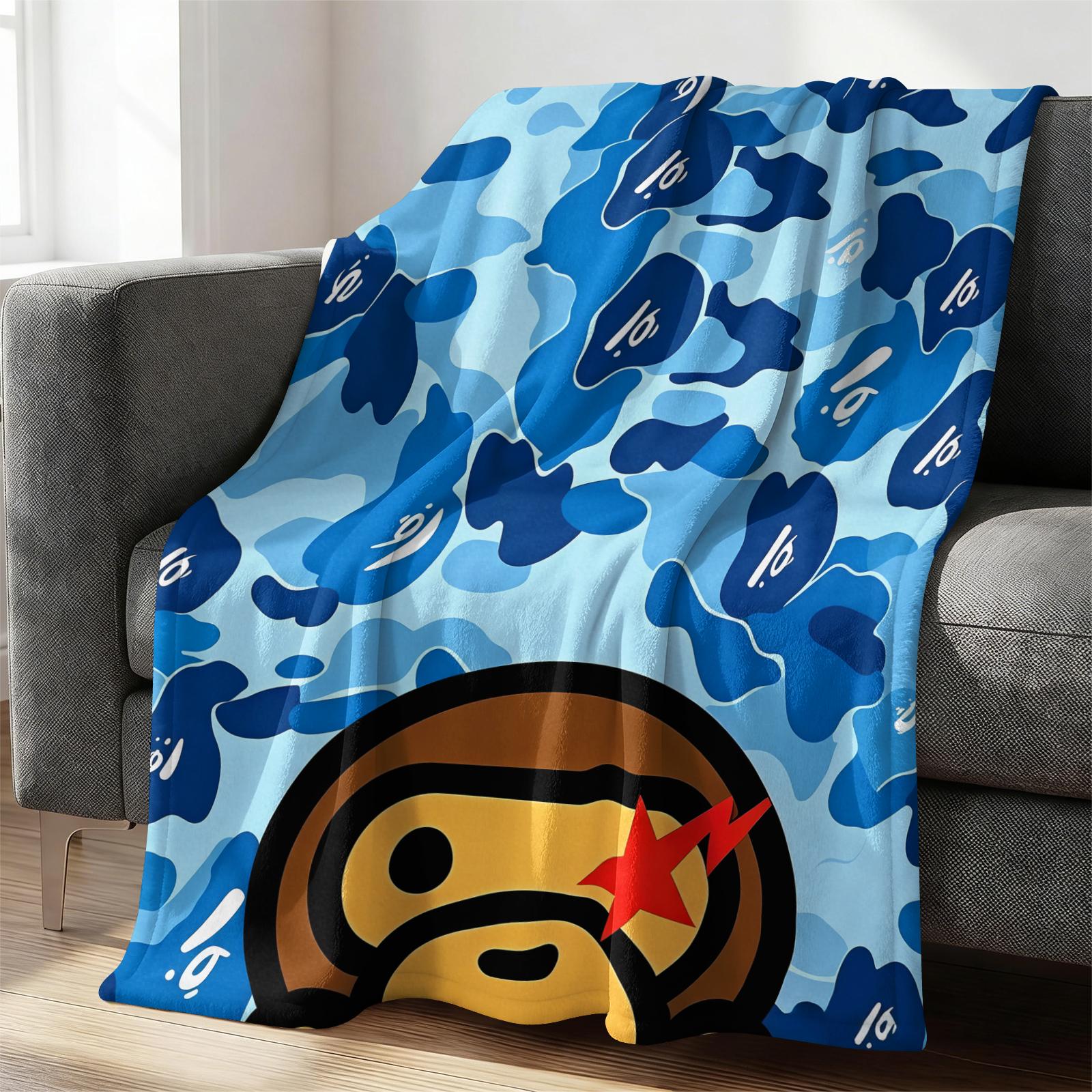 Blue Camouflage Cartoon Ape Red Star Lightning Bolts Flannel Blanket, Soft and Lightweight Durable, Ideal for Bedroom Dorm Gaming Room Decor, Sofa Throw Cover, Office Nap Mat, Car Cover Blanket and Cool Gift