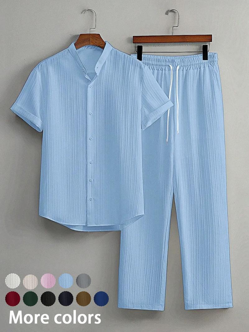 Two-Piece Set Men's Linen Set, Casual Short Sleeve Button Up Shirt & Pants Set for Summer, Men's Clothes for Beach Vacation