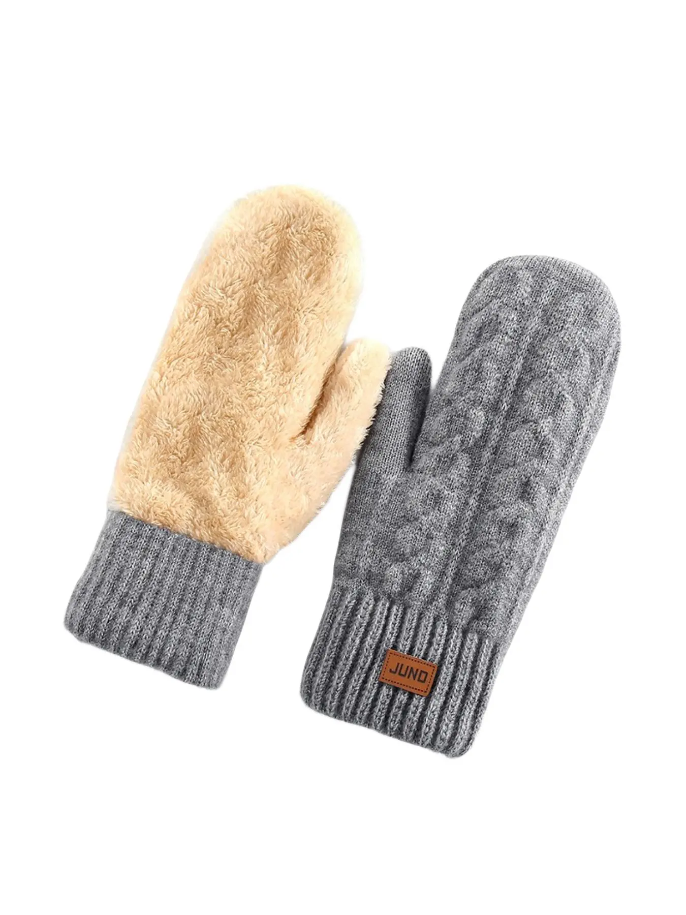 Warm knitted full-finger women's mittens with fleece lining for autumn and winter, thermal outdoor cold-proof mittens for men and the elderly