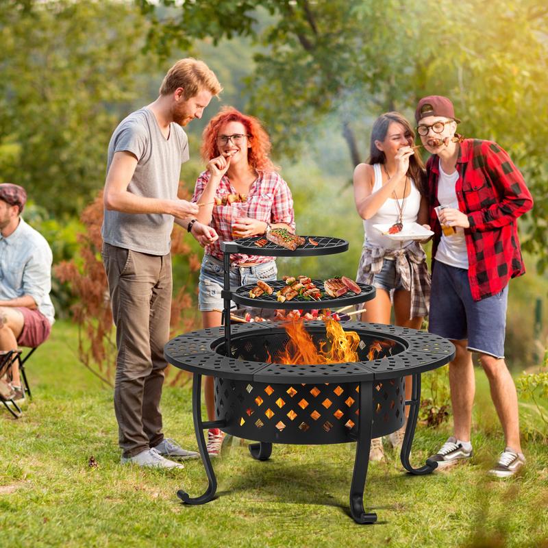 36'' Round Fire Pit - 3-in-1 Wood Burning Fire Pit with Dual Grills, Lid, Poker, - Perfect for Outdoor Patio, Picnic, and Party Gatherings Barbecue Food