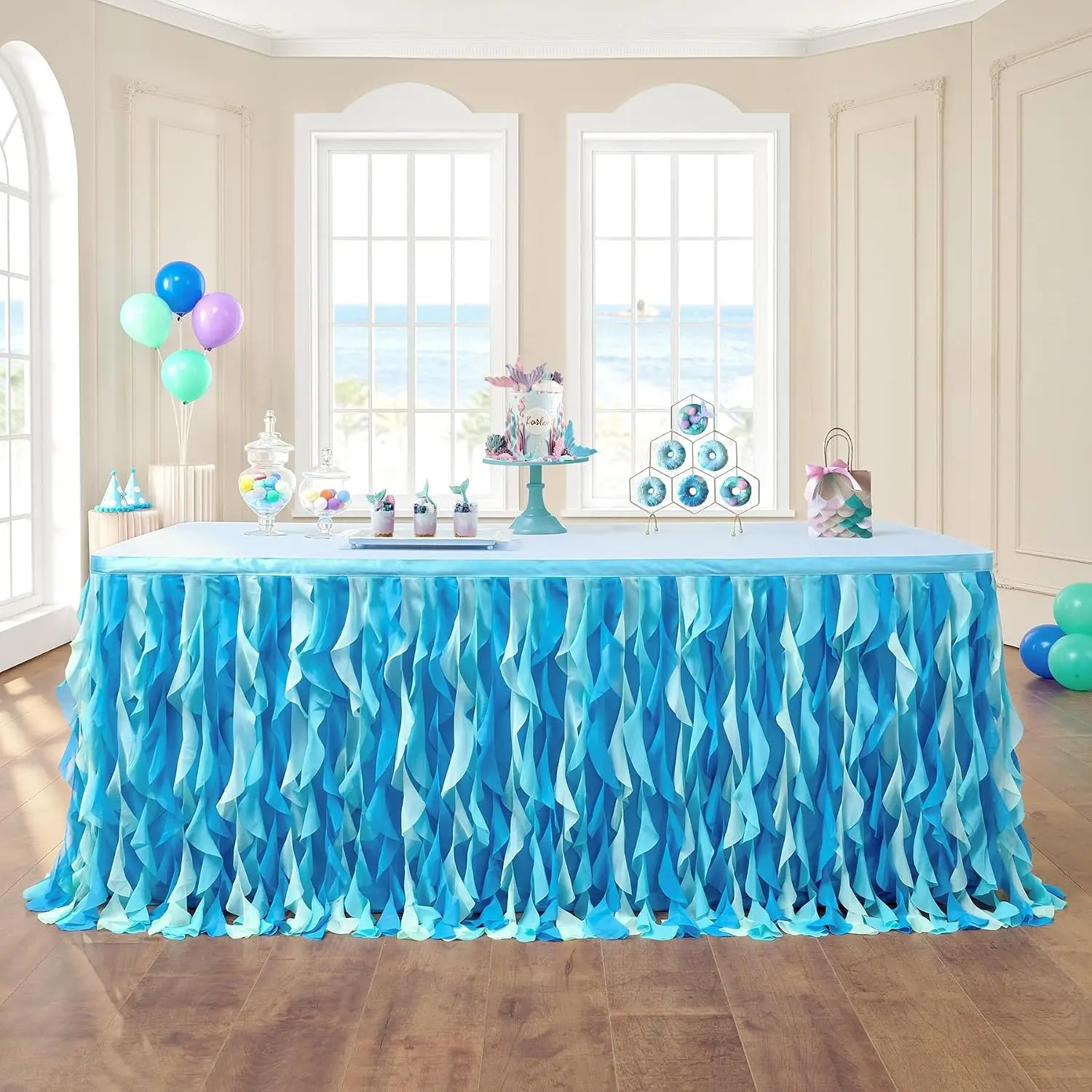 Leegleri 6FT Anti-Wrinkle Tulle Ruffle Curly Willow Table Covering - Multi-Size for Rectangle/Round Tables, Undersea Ocean Blue Tutu for Baby Shower Decor, Birthday Party