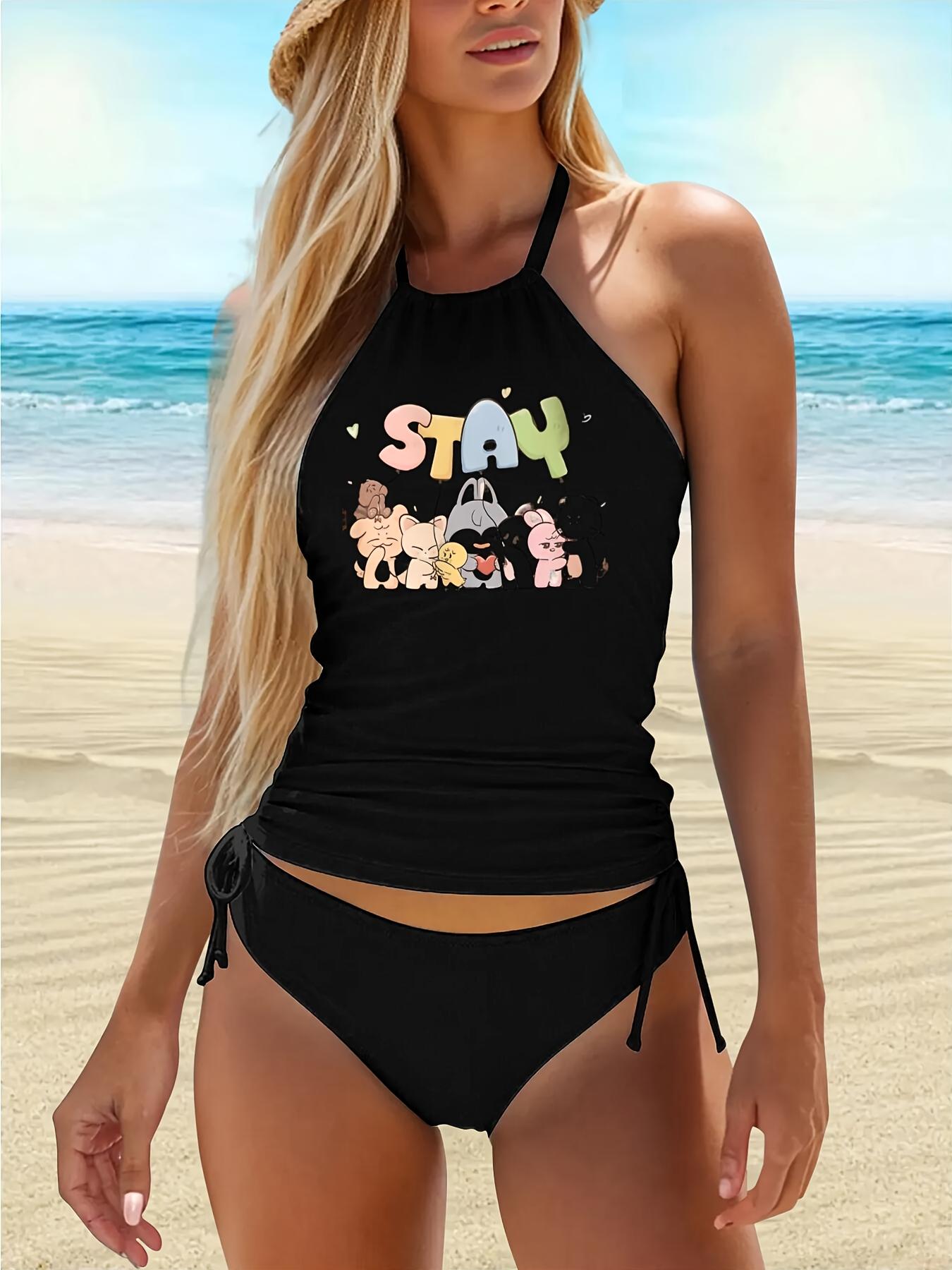 2-Piece Halter Tank Bikini Swimsuit - SKZ-Themed SK Zoo Cartoon Character Design, Ideal for Festive Parties, Elegant Beach Outings, Halter Tops