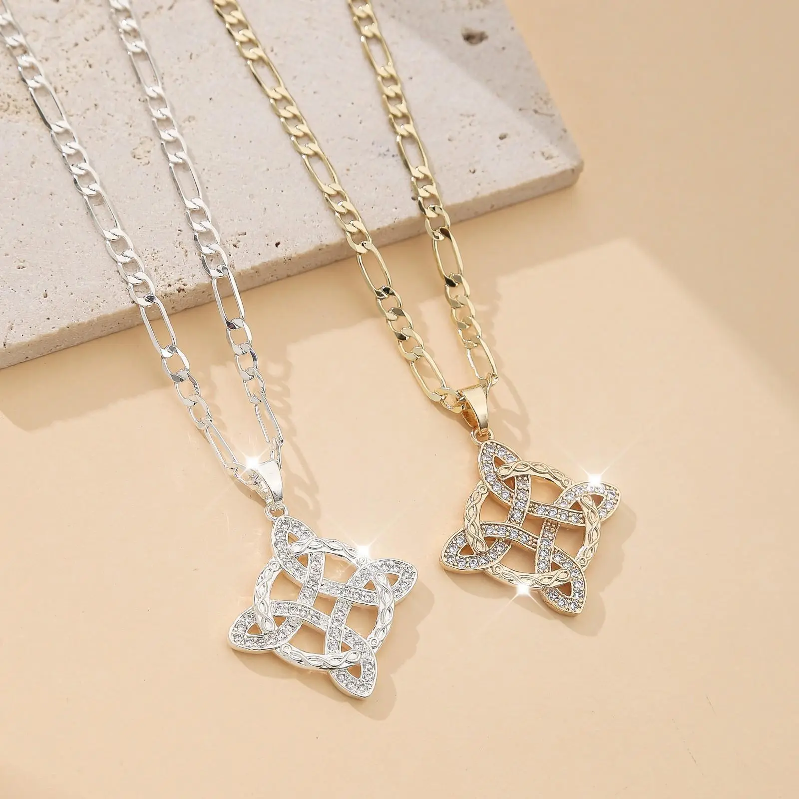 1Pcs Gold & Silver Tone CZ Witch Knot Pendant Necklace Set - Figaro Chain Celtic Knot Wiccan Pagan Protection Jewelry Gift Suitable For Women Daily Wear Prom, Stainless Steel, Female