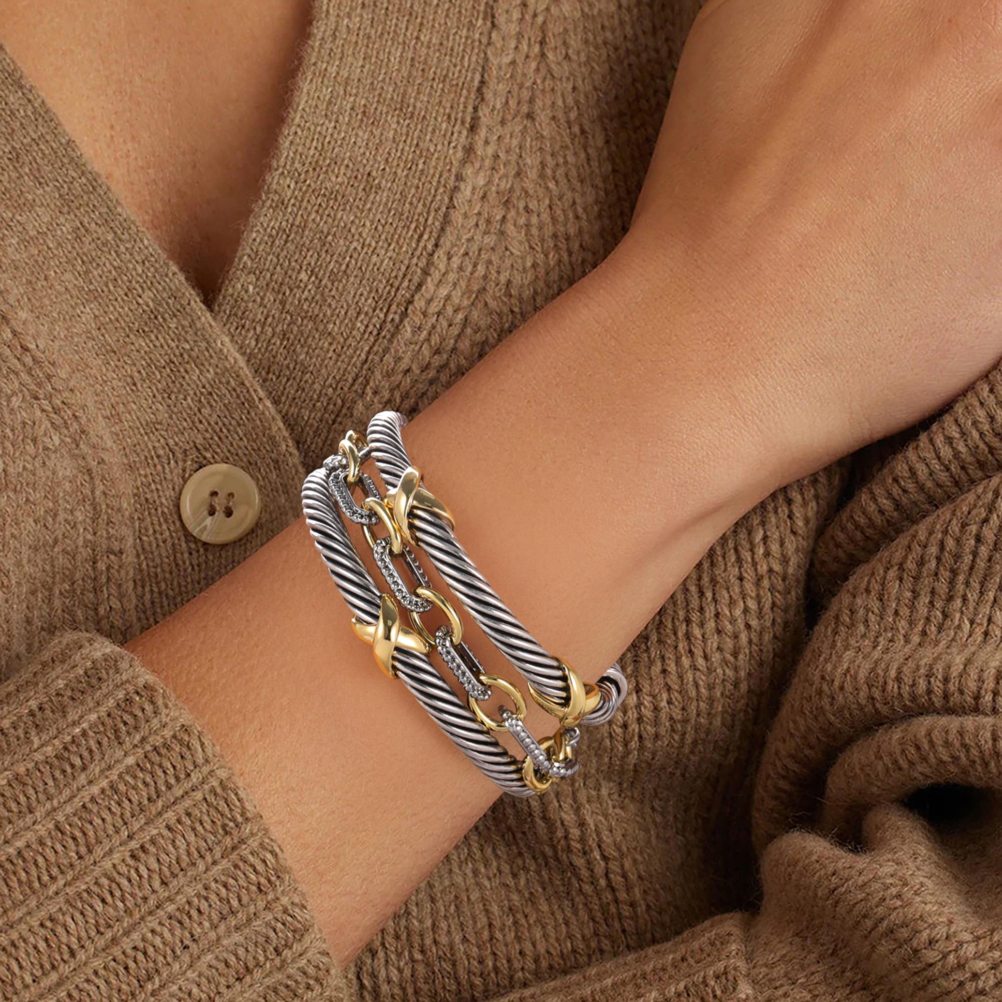 MYTYS Cuff Bracelet for Women Two Tone Knots Twisted Bangle Jewelry Set Fashion Modern Jewellery Trendy Fashionable Accessories with Gold Cross Charm