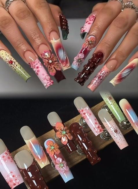 Nail Plus Handmade Retro Geometric Press On Nails, 10PCS Long Almond Acrylic Nails with White Blue Tortoise Shell Design & Gold Bead Rings, Reusable Nude Base Minimalist Nail Art Set for Women, Chic DIY Stick On Nails, Salon Quality