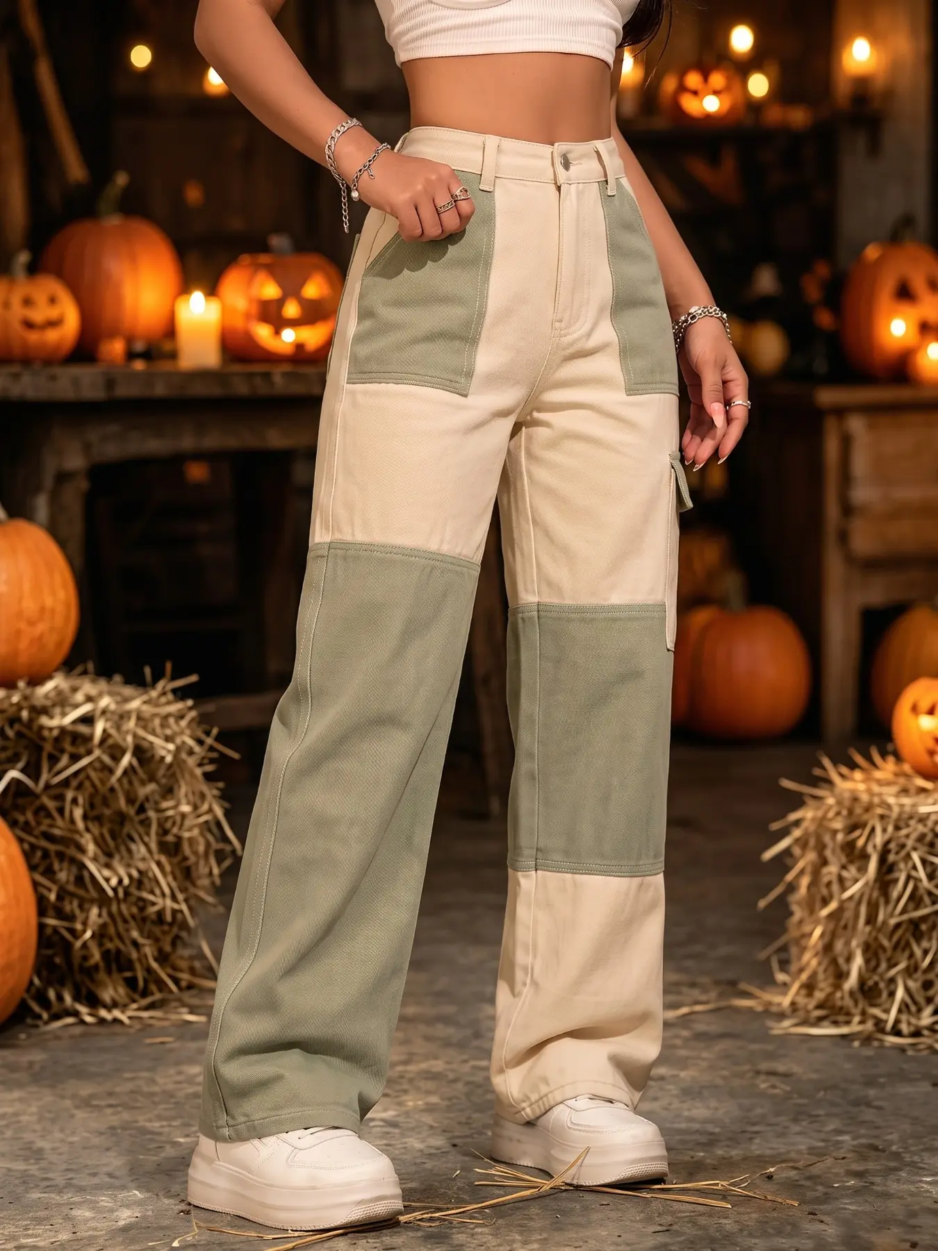 Women High Waist Patchwork Denim Cargo Jeans, Y2K Style Wide Leg Straight Pants, Multi-Pocket, Sage, Halloween Christmas