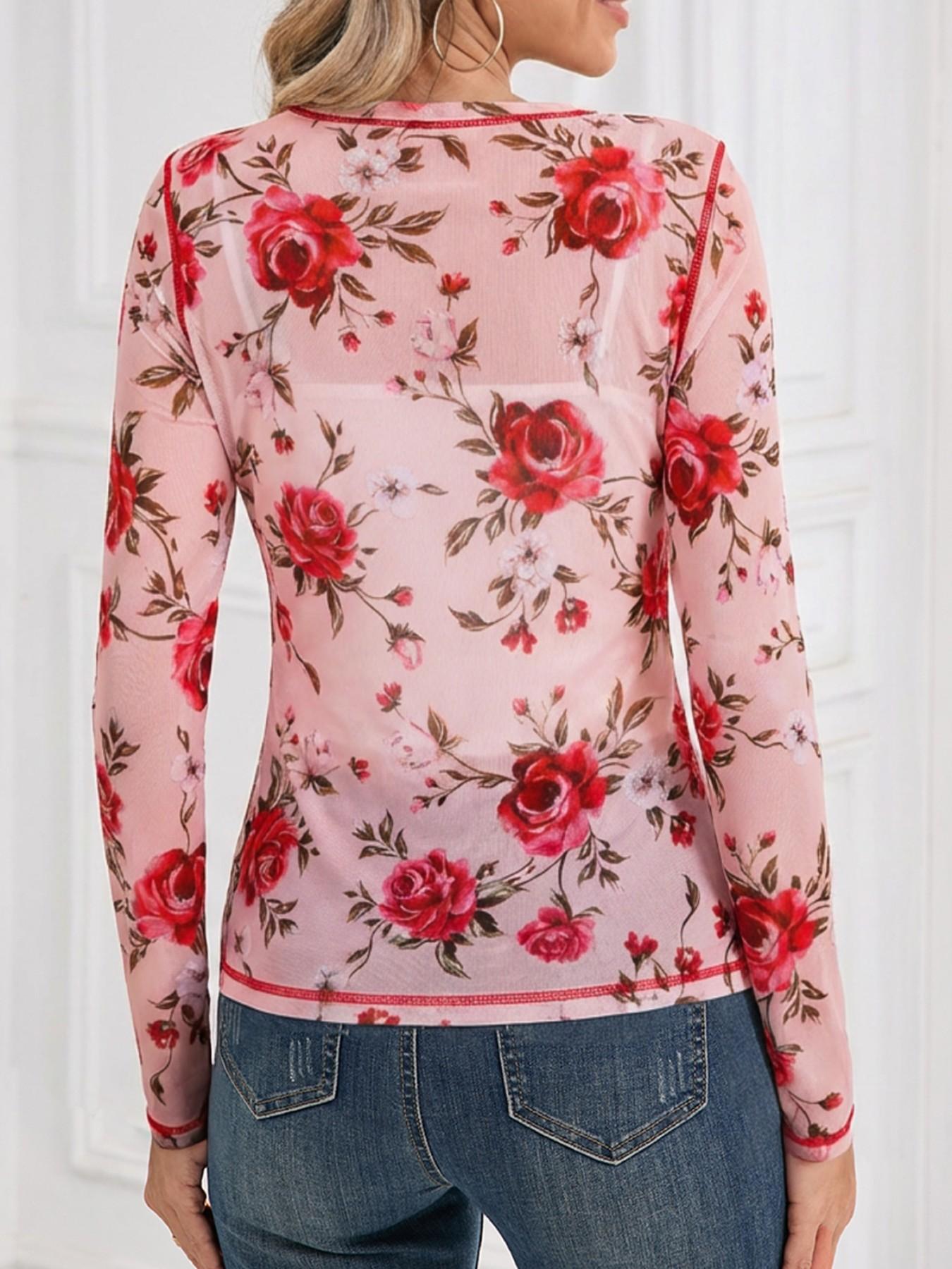 Elegant Floral Print Mesh Round Neck Slim Fit Long Sleeve Top, Hotapei Women's Fashion Blouse Shirts, Casual Wear for Spring and Fall